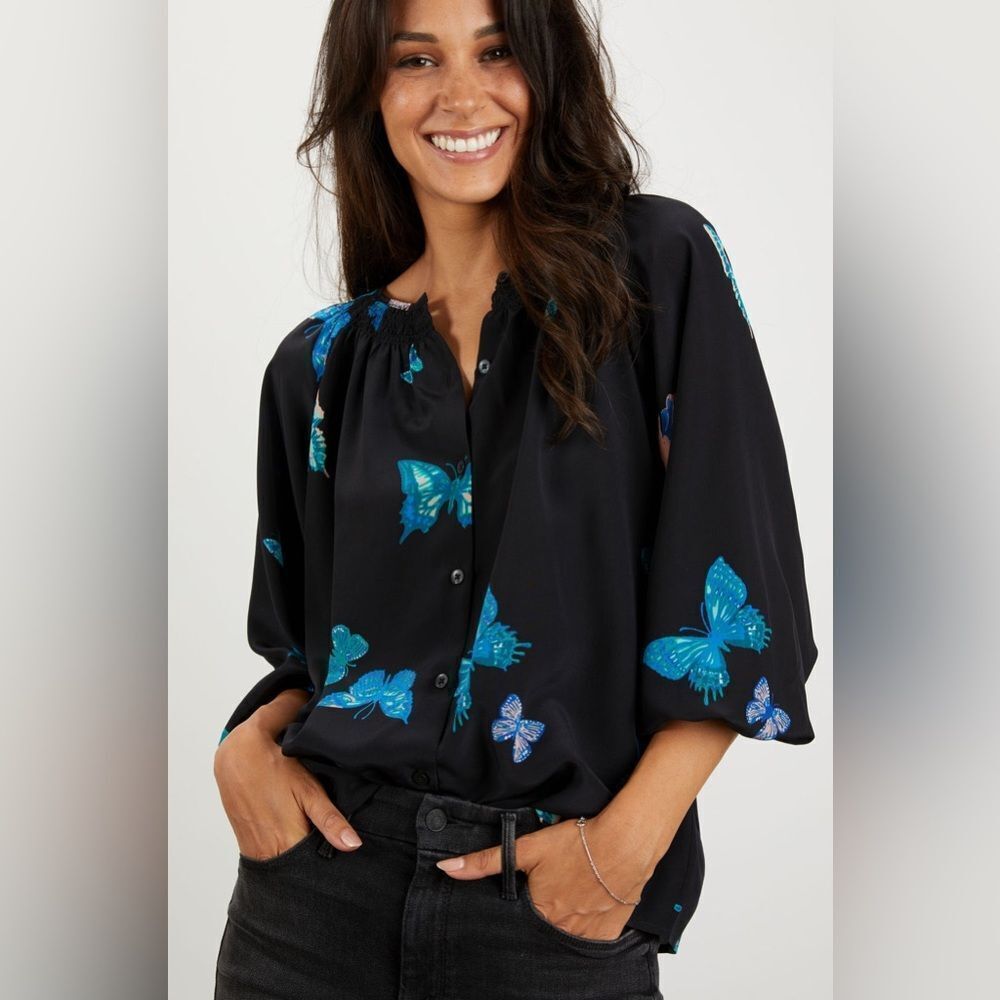 Tucker The Classic Blouse  Fluttering Butterflies Blue Black Medium